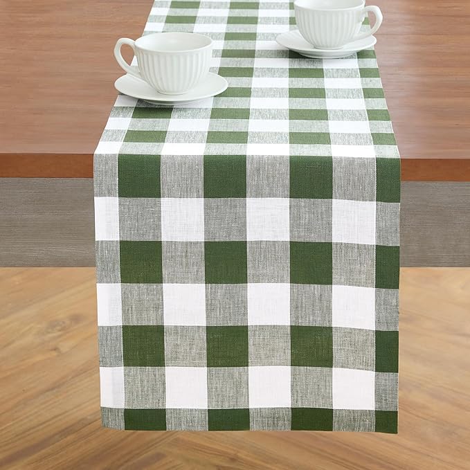 Solino Home Linen Table Runner 48 Inches - 100% Pure Linen Buffalo Check Olive and White Table Runner 14 x 48 Inch Ideal for Dresser and Coffee Tables, Spring, St Patricks Day, Easter