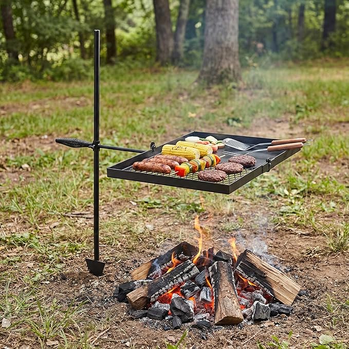 Folding Swivel Campfire Grill, Portable 2-in-1 Cooking Grate & Grill Pan with Carrying Bag, Adjustable Height 360° Rotation Over Fire Pit Rack for Outdoor Camping, BBQ, Picnic and Backyard Cooking