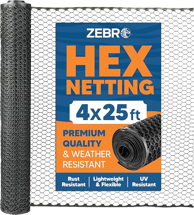Plastic Hex Chicken Wire Mesh Garden Fence Roll (4' x 25' - Black) - Versatile Poultry Netting and Garden Fence for Temporary or Semi-Permanent Enclosures, Deer Fencing, and Construction Barriers