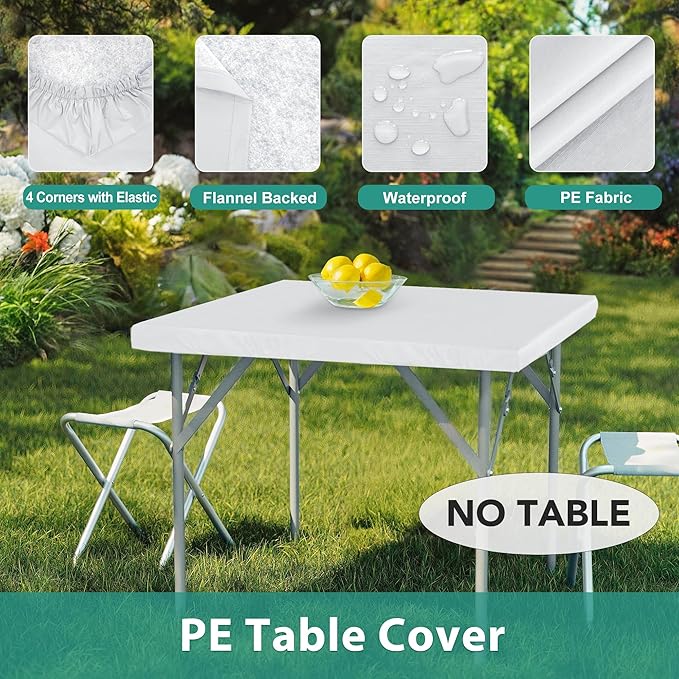 LUSHVIDA 2 Packs Vinyl Card Tablecloth with Flannel Backing 36x36 inch - Waterproof Plastic Picnic Table Cover for Square Folding Table Cloth with Elastic Corners, White