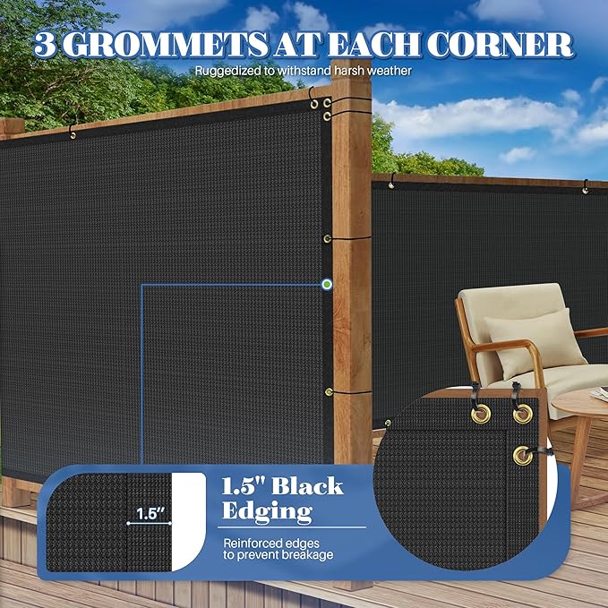 ECOOPTS 4'x86' Privacy Fence Screen Windscreen with Copper Grommets, Fit for Commercial Fence and Residential Garden Outdoor 90% UV Blockage, Cable Zip Ties Included (Black)