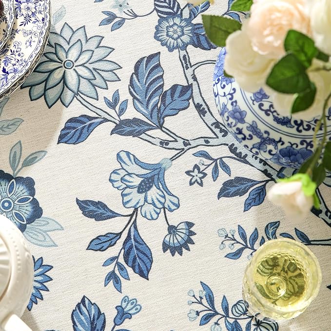 Vintage Blue and White Rectangle Tablecloth,French Linen Floral Wrinkle Free Tablecloths,Decorative Table Cover for Kitchen,Dining,Party,Thanksgiving,Christmas,55"*87"-Suqing