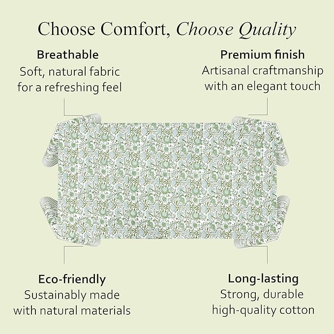 CPC Tablecloth 100% Cotton 60x60 Inch Indian Block Print Square Table Cover, Table Cloth for Weddings, Spring/Summer, Barbeque - Agate Green