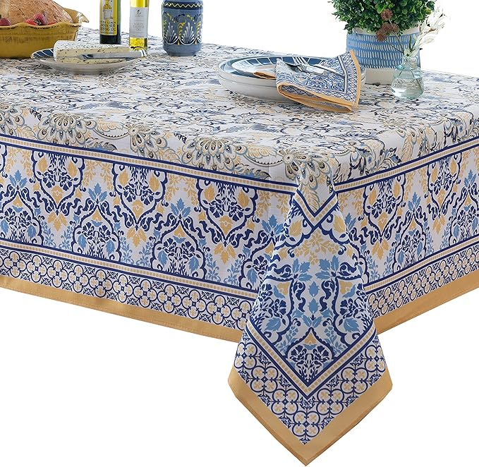 Home Bargains Plus Rectangle Fabric Tablecloth, 60 x 102 Inch, Allure Yellow and Blue Floral Bordered Print, Indoor Outdoor Stain and Water Resistant Table Cloth, Provence French Country