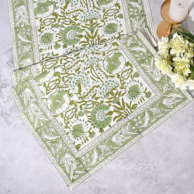 CPC Cotton Table Runner 16x72 Inch Block Printed Long Fall Table Runner for Dining Table, Card Table, Coffee Table, Wedding, Farmhouse & Outdoor Barbeque-Agate Green