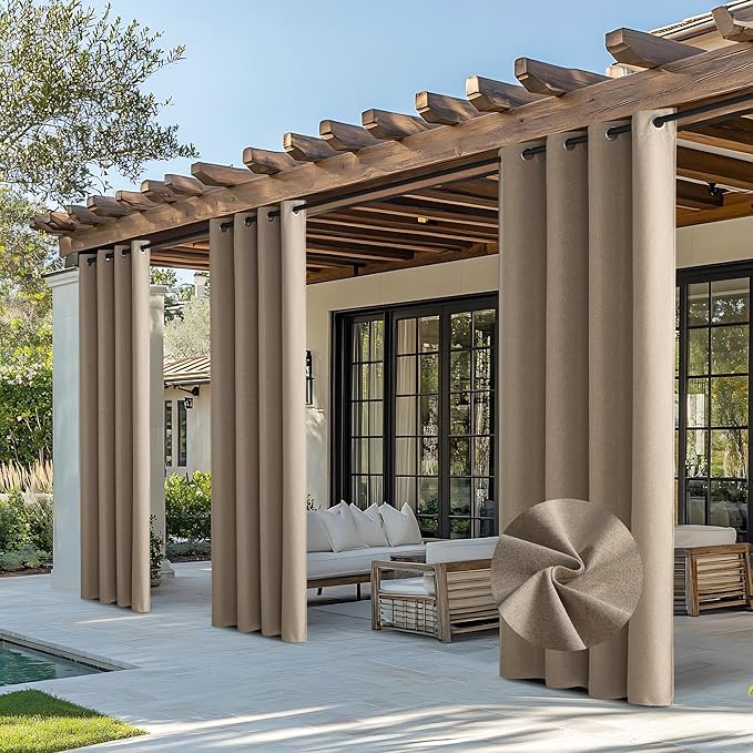 NICETOWN Outdoor Curtains for Patio Waterproof, Thermal Insulated Linen Textured 100% Blackout Outside Drapes for Gazebo, Privacy Sun Shades for Indoor, Bathroom, W52 x L84 Inch, Taupe, 2 Panels