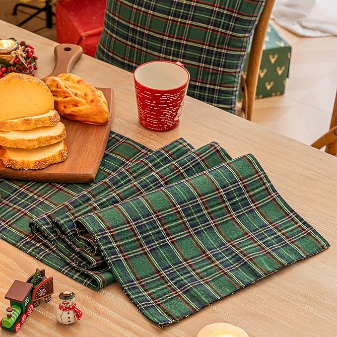 Green Blue Plaid Christmas Table Runner, Winter Holiday Table Runners 90 inches Long, Xmas Decorations Indoor Outdoor Farmhouse Home Kitchen Dining Party Decor