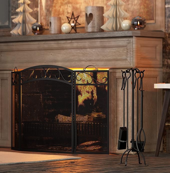 Fire Beauty Fireplace Screen 3 Panel with Handles Wrought Iron 51"(L) x31(H) Spark Guard Cover(Sanded Black)