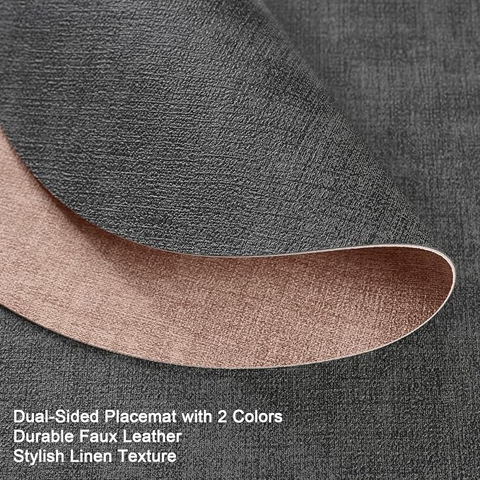 Placemats and Coasters, Washable Reversible Placemats Round Faux Leather Wipeable Place Mats Non Slip Heat Resistant Indoor Outdoor Table Mats (Set of 6, Gray Pink)