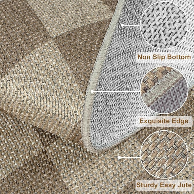 Easy Jute Checkered Runner Rug, 2.6x8 Brown Modern Washable Rugs Runner for Hallway Non-Slip Kitchen Runner Rug, Geometric Diamond Indoor Outdoor Carpet for Porch Laundry Entryway