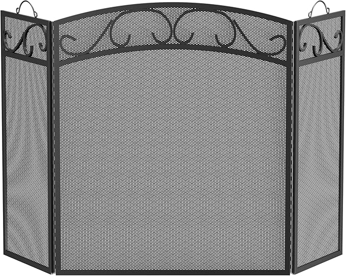 Fire Beauty Fireplace Screen 3 Panel with Handles Wrought Iron 51"(L) x31(H) Spark Guard Cover(Black)