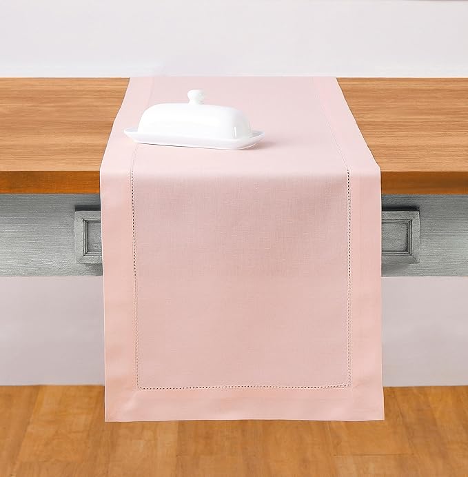 Solino Home Pink Table Runner 36 Inches - Cotton Linen Hemstitch Coffee Table Runner 14 x 36 Inch Ideal for Dresser Tables - Valentines, Spring, Easter