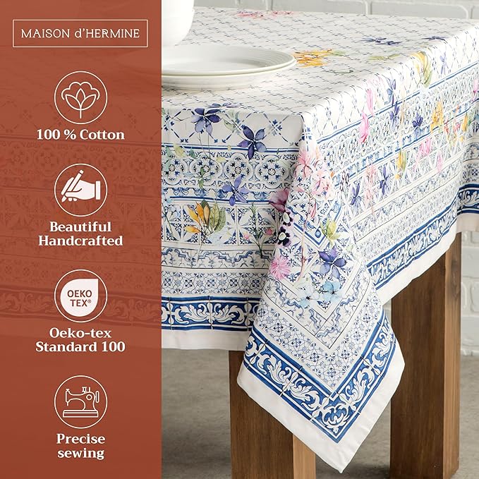 Maison d' Hermine Table Cloth Rectangle Table 100% Cotton 60 x 120 Inches Tablecloth Reusable Decorative Everyday Use for Dining Room, Farmhouse, Home, Party, Festive & Wedding Spring Summer - Faience