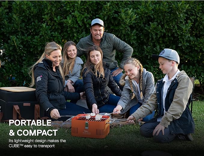 Everdure CUBE Portable Charcoal Grill, Tabletop BBQ, Perfect Tailgate, Beach, Patio, or Camping Grill, Lightweight & Compact Small Grill with Preparation Board & Food Storage Tray, Stone