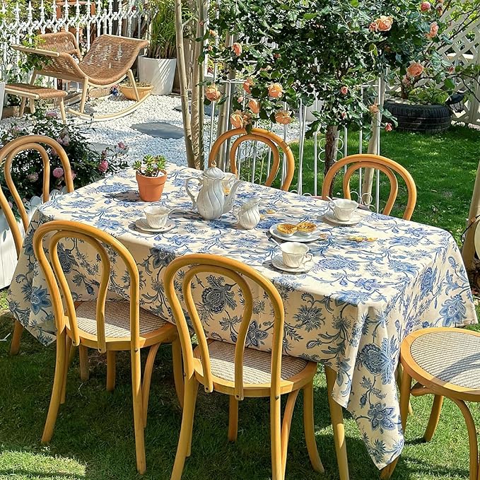 Floral Rectangle Outdoor Tablecloth, Thick Waterproof Table Cloth, Decorative Dining Table Cover for Picnic, Farmhouse, Wedding, Easter, Party - 60'' x 108'', Blue Flower