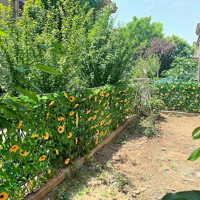 Expandable Fence Privacy Screen for Balcony Patio Outdoor,Decorative Faux Ivy Fencing Panel,Artificial Hedges (Single Sided Leaves) (4, Sunflowers)