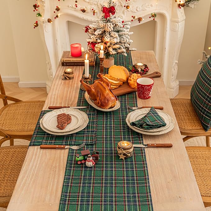 Green Blue Plaid Christmas Table Runner, Winter Holiday Table Runners 90 inches Long, Xmas Decorations Indoor Outdoor Farmhouse Home Kitchen Dining Party Decor