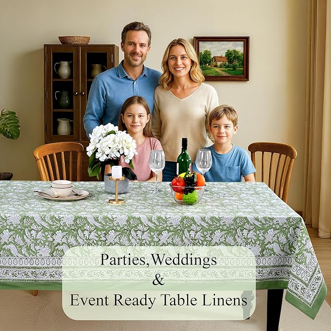 CPC Cotton Tablecloth 80x120 Inch Rectangle Indian Block Print Tablecloth- Green Washable Wedding Table Cover for Thanksgiving/Christmas- Olive Green