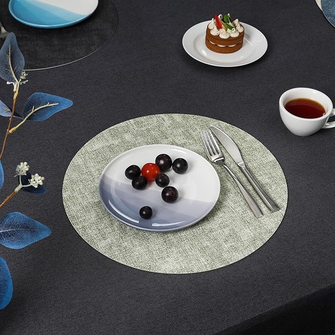 Myir JUN Round Placemats Dual Sided, Faux Leather Place Mats Set of 4 Indoor Placemat for Dining Table Outdoor Place mat Non-Slip Washable Table Mats (Gray Grass Green, Set of 4)