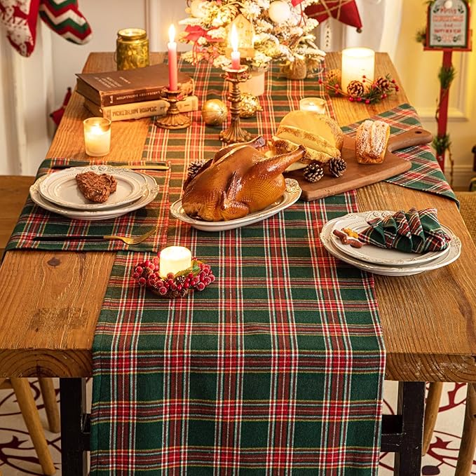 Green Red Plaid Christmas Table Runner, Winter Holiday Table Runners 108 inches Long Xmas Decorations Indoor Outdoor Farmhouse Home Kitchen Dining Party Decor