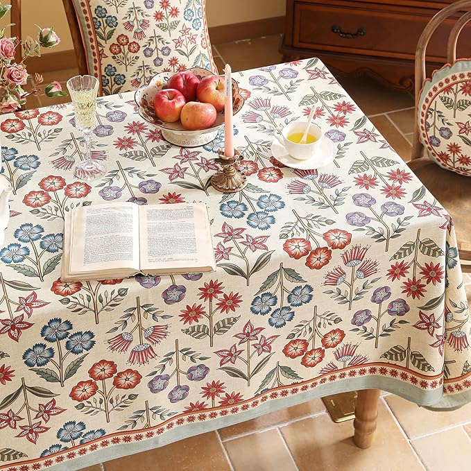 French Linen Rectangle Tablecloth,Vintage Colorful Multiple Prints Soft and Durable Tablecloths,Decor Table Cover for Kitchen,Dining,Tea Party,Thanksgiving,Christmas,63"*87"-Lohi