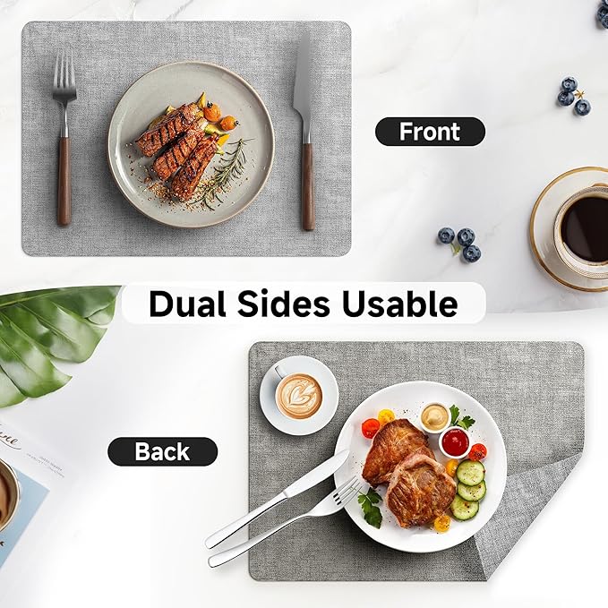 Faux Leather Vinyl Placemats Set of 4 Wipeable Heat Resistant Place Mats 100% Washable - Waterproof - Anti Slip Reversible Table Mats for Kitchen/Dining/Party, 12" x 16.5", Smokey Grey & Dark Grey