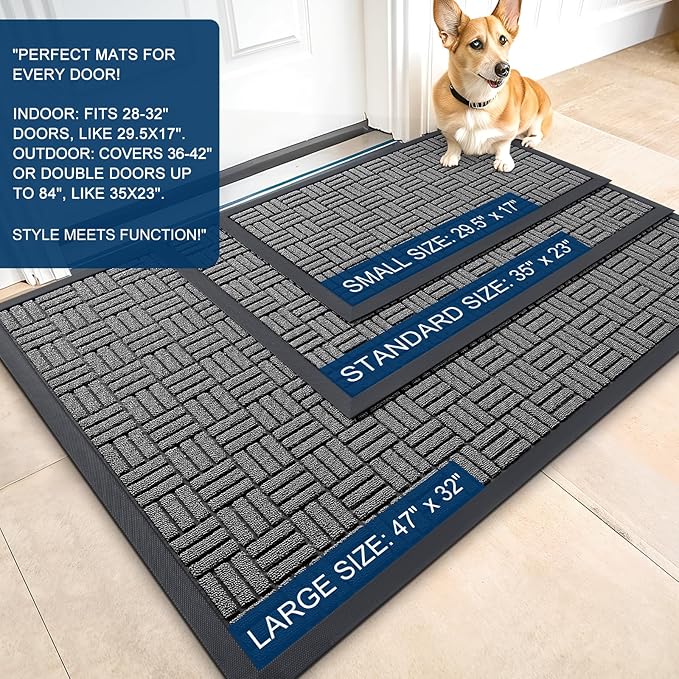 OLANLY Front Door Mat Outside Entrance 35x23, Absorbent, Heavy Duty Sturdy Natural Rubber Doormat Indoor Outdoor, Stain and Fade Resistant, Non-Slip Backing Low Profile Floor Mat for Entryway, Grey