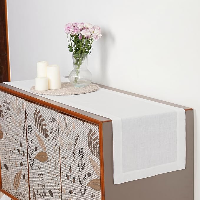 D'Moksha Homes Linen White Table Runner 60 Inches - 100% Pure Linen Table Runner 14 x 60 Inch for Coffee Tables, Dresser, Valentines, Holiday - Machine Washable