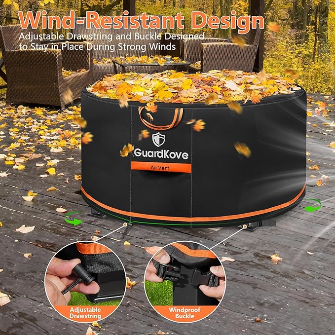 [Upgraded 1000D Heavy Duty Fabric] 56” Fire Pit Cover Round for 54”- 56” Fire Pit/Tables, Waterproof Tear & Fade Resistant Firepit Cover with Buckle, Handle, Drawstring, Air Vent (56”D x 24”H,Black)