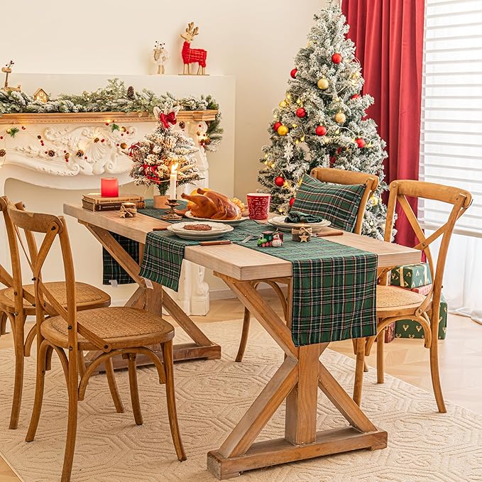 Green Blue Plaid Christmas Table Runner, Winter Holiday Table Runners 90 inches Long, Xmas Decorations Indoor Outdoor Farmhouse Home Kitchen Dining Party Decor