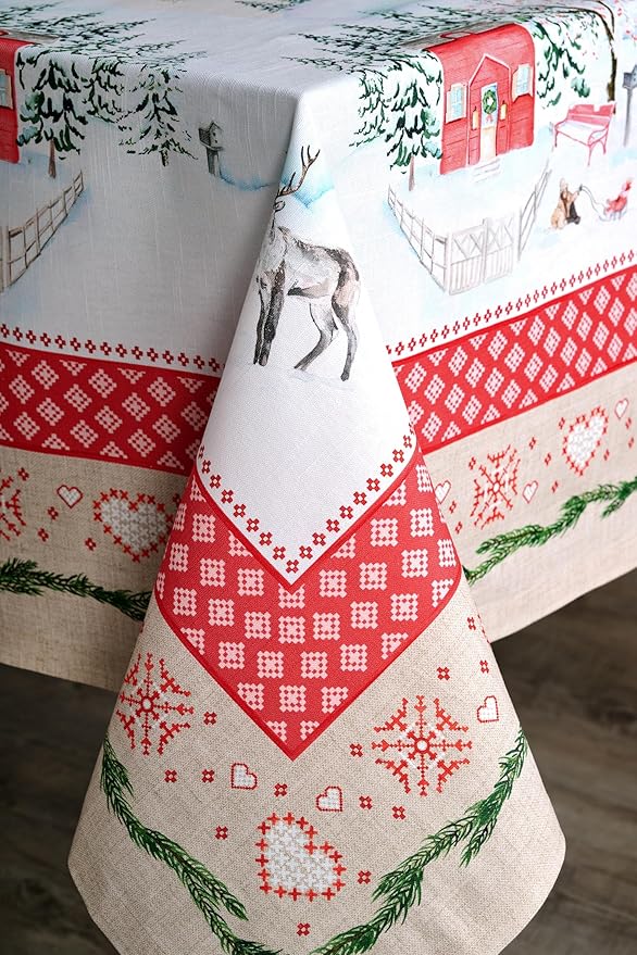 Maison d' Hermine Table Cloth Rectangle Table 100% Cotton 70 x 90 Inches Fall Tablecloth Reusable Everyday Use for Thanksgiving Christmas Decorations Dining Farmhouse Party (Rural Christmas)