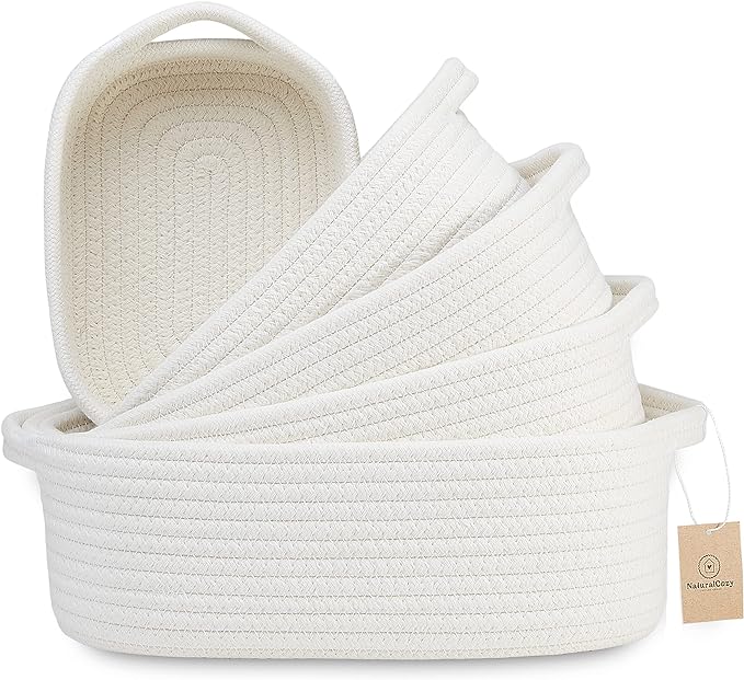 NaturalCozy 5-Piece Rectangle Storage Basket Set- Natural Cotton Rope Woven for Organizing! Small Basket for Montessori, Baby Nursery, Dog Toy Baskets, Cat Toy Box, Bathroom Organization Bin
