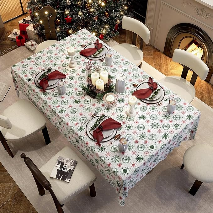 Christmas Tablecloth with Snowflake, Spillproof Waterproof Fabric Table Cloth for Dining, Parties, Holiday, Winter Table Decorations - 60''x84''