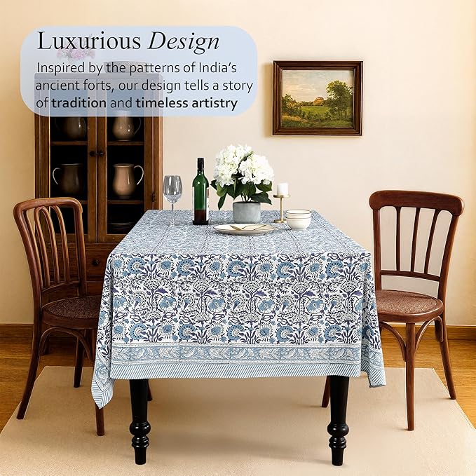 CPC Tablecloth 100% Cotton 72x160 Inch Indian Block Print Rectangle Table Cover, Blue Table Cloth for Weddings, Spring/Summer, Barbeque - Indigo Blue