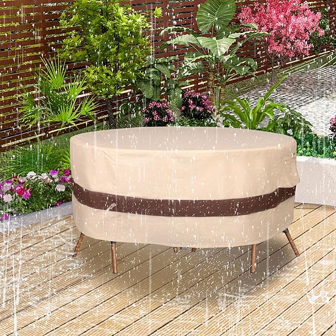 Round Patio Furniture Cover, Heavy Duty and Waterproof for Outdoor Furniture covers, Round outdoor table cover, Patio table cover 84"DIA x 27.5"H Beige