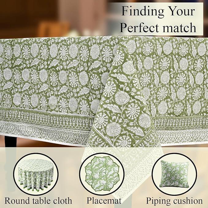 CPC Olive Bloom Tablecloth 100% Cotton 60x90 Inch Indian Block Print Rectangle Table Cover, Table Cloth for Gifting in Weddings, Halloween, Fall, Christmas, Thanksgiving