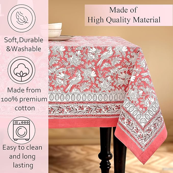 CPC Tablecloth 100% Cotton 72x160 Inch Indian Block Print Rectangle Table Cover, Pink Table Cloth for Weddings, Spring/Summer, Barbeque - Pink Coral