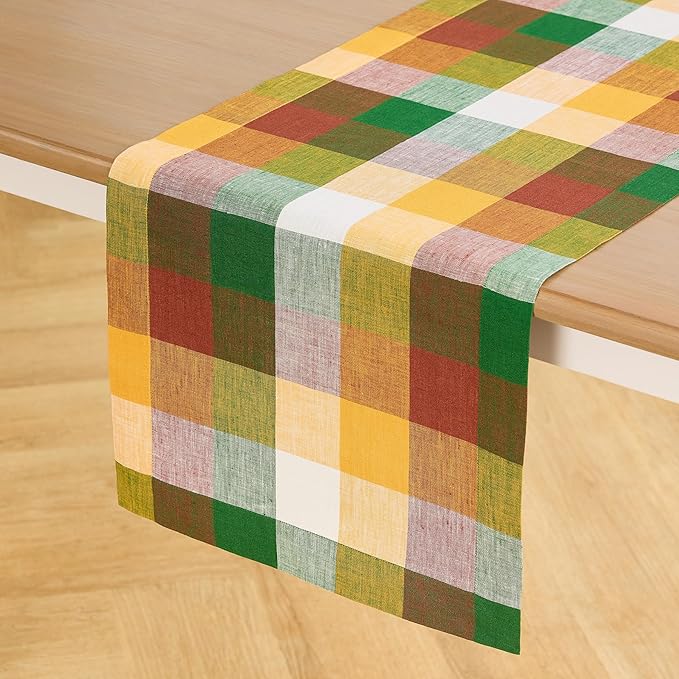 Solino Home Linen Checkered Table Runner 132 Inches Long - 100% Pure Linen Buffalo Check Fall Multicolor Table Runner 14 x 132 Inch Ideal for Dining