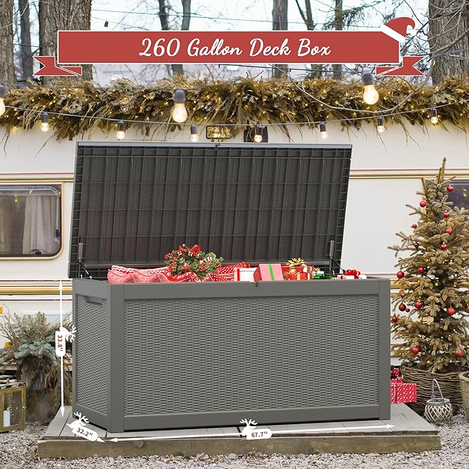 KAMABOKO 260 Gallon Outdoor Storage Box, Resin Deck Boxes Indoor and outdoor, Waterproof Storage Box Lockable Lid for Garden Tools, Package Delivery, Patio Cushions, Grey