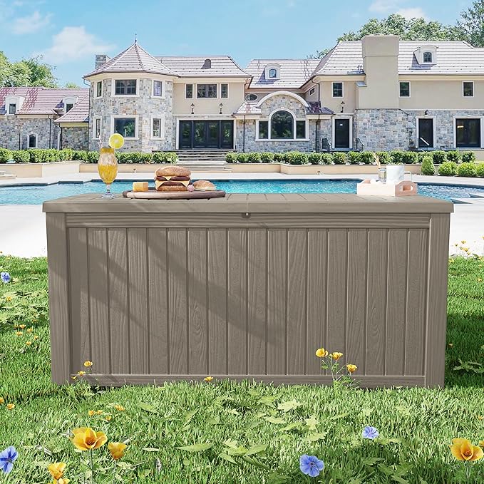 150 Gallon Outdoor Storage Box – Resin Deck Box with Lockable Lid, Waterproof Patio Furniture Storage for Tools, Garden & Yard Organization