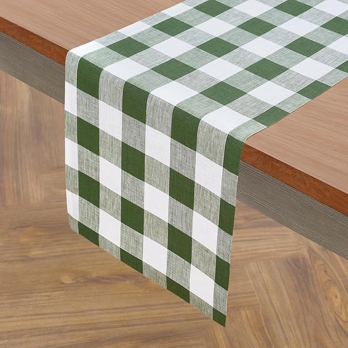 Solino Home Linen Table Runner 48 Inches - 100% Pure Linen Buffalo Check Olive and White Table Runner 14 x 48 Inch Ideal for Dresser and Coffee Tables, Spring, St Patricks Day, Easter