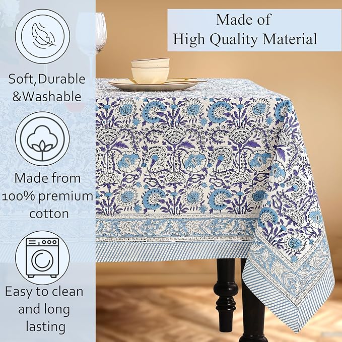 CPC Tablecloth 100% Cotton 60x60 Inch Indian Block Print Square Table Cover, Table Cloth for Weddings, Spring/Summer, Barbeque - Indigo Blue