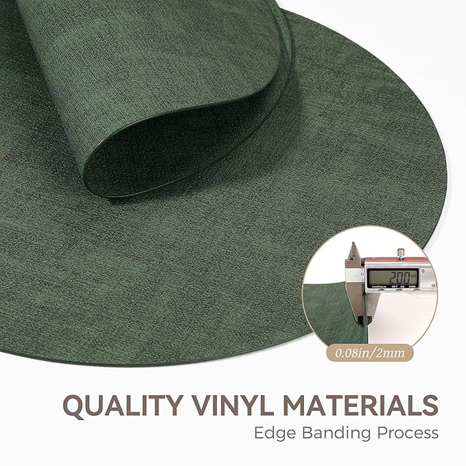 13" Round Placemats Set of 8, Reversible Faux Leather Heat Resistant Table Mats, Waterproof Oilproof Wipeable Table Protective Placemats for Vinyl, Washable for Indoor & Outdoor Use (8, Dark Green)