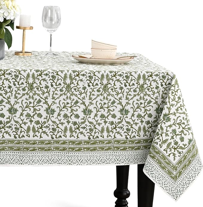 CPC Meadow Vine Tablecloth 100% Cotton 70x118 Inch Indian Block Print Rectangle Table Cover, Table Cloth for Gifting in Weddings, Halloween, Fall, Christmas, Thanksgiving