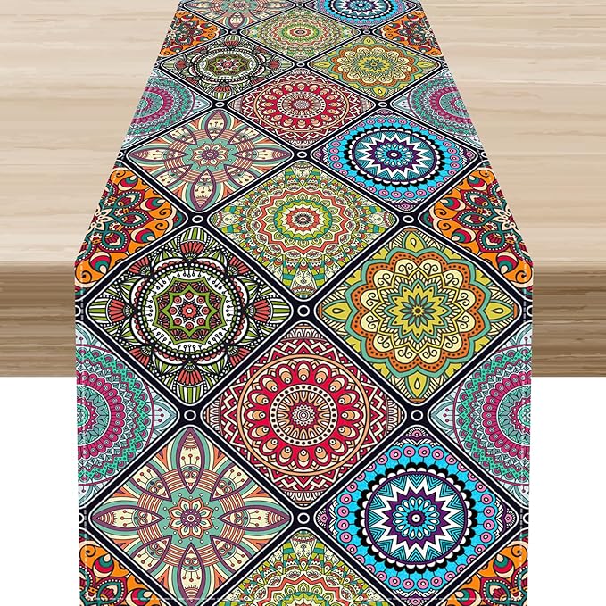 Bohemian Mandala Table Runner, Vintage Colorful Boho Geometric Floral Flower Antique Paisley Rustic Coffee Table Center Decor for Family Kitchen and Living Room Outdoor Table Decorations, 13"x36"