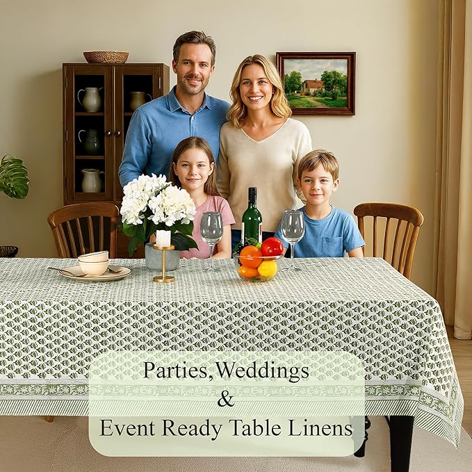 CPC Emerald Green Floral Hand Block Printed 100% Cotton Tablecloth 60x108 Rectangular Reusable and Washable Boho Dining Table Cloth Thanksgiving