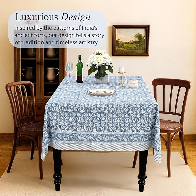 CPC Azure Regal Tablecloth 100% Cotton 60x60 Inch Indian Block Print Rectangle Table Cover, Table Cloth for Gifting in Weddings, Halloween, Fall, Christmas, Thanksgiving
