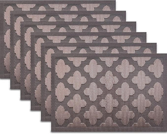 Elegant Placemats Set of 6, Plastic Heat-Resistant Non-Slip Vinyl Place Mats Washable Easy to Clean Placemat for Dining Table (Brown)