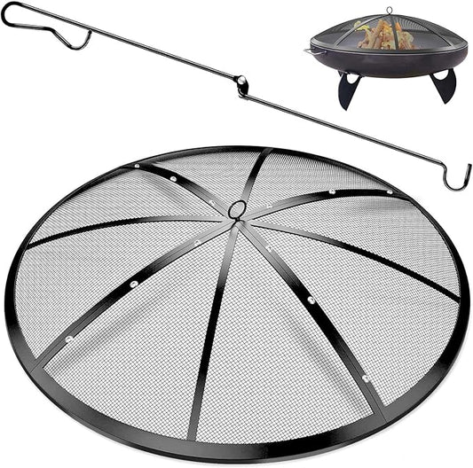Fire Pit Spark Screen, 22Inch Fire Pit Lid Outdoor with Handle & Poker, Heavy-Duty Mesh Firepit Cove with 12 Reinforced Bars for Backyard/Beach/RV Camping