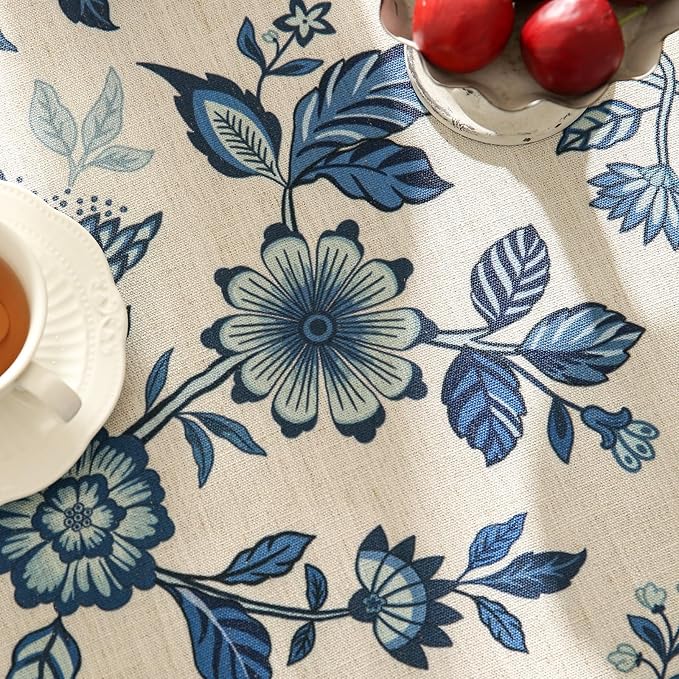 Vintage Blue and White Extra Long Rectangle Tablecloth,French Linen Floral Wrinkle Free Tablecloths,Decor Table Cover for Kitchen,Dining,Party,Thanksgiving,Christmas,63"*110"-Suqing